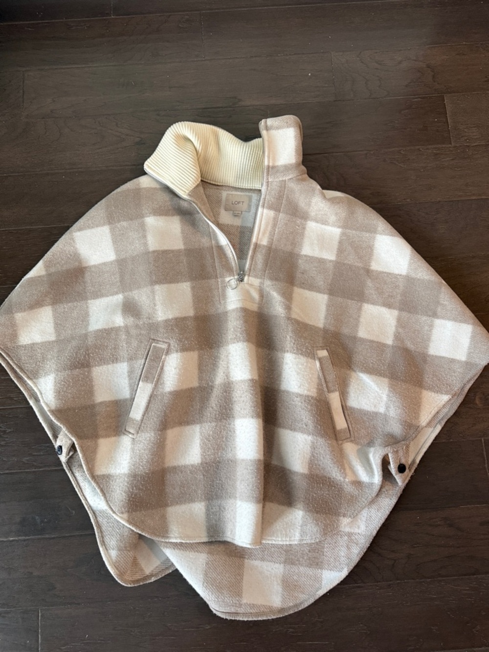 LOFT Plaid Half-Zip Poncho in Cream & Taupe